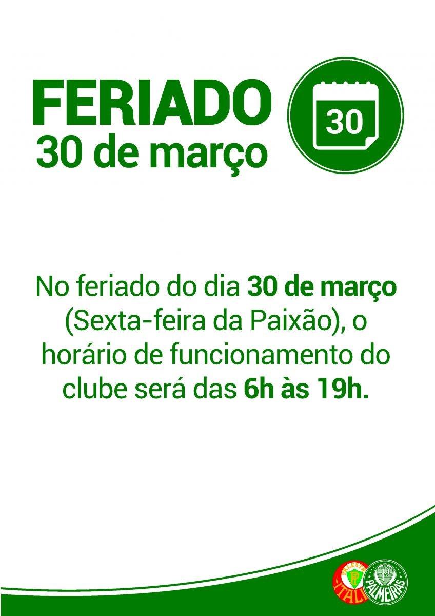 Atenção: horário de funcionamento do clube no dia 30 de março